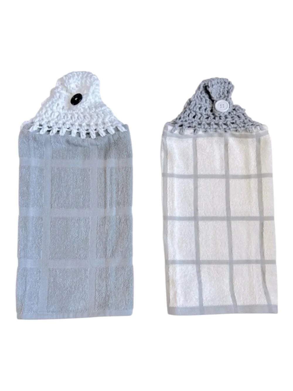 Hand Crafted Gray and White Hanging Kitchen Hand Towels Crochet Top